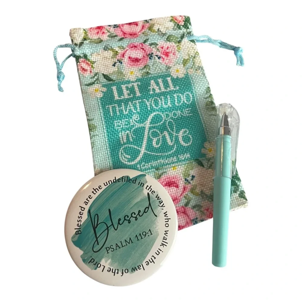Inspirational Gift Set Floral Drawstring Bag Compact Mirror Pen 3-Piece Lot